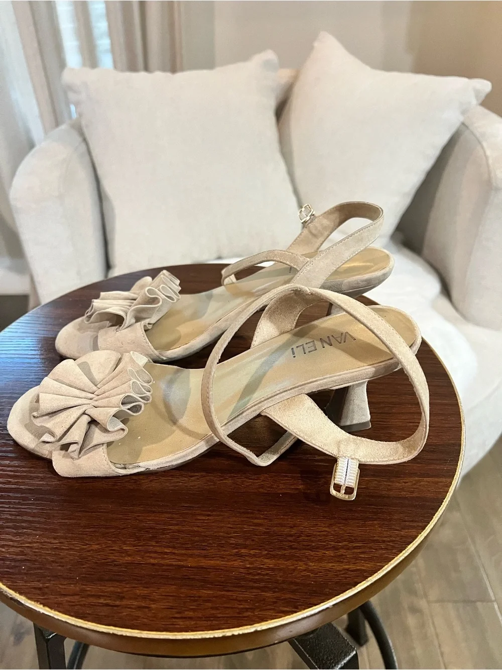 VANELi Beige Nude Suede Ruffle Ankle Strap Kitten Heel Sandals, size 10